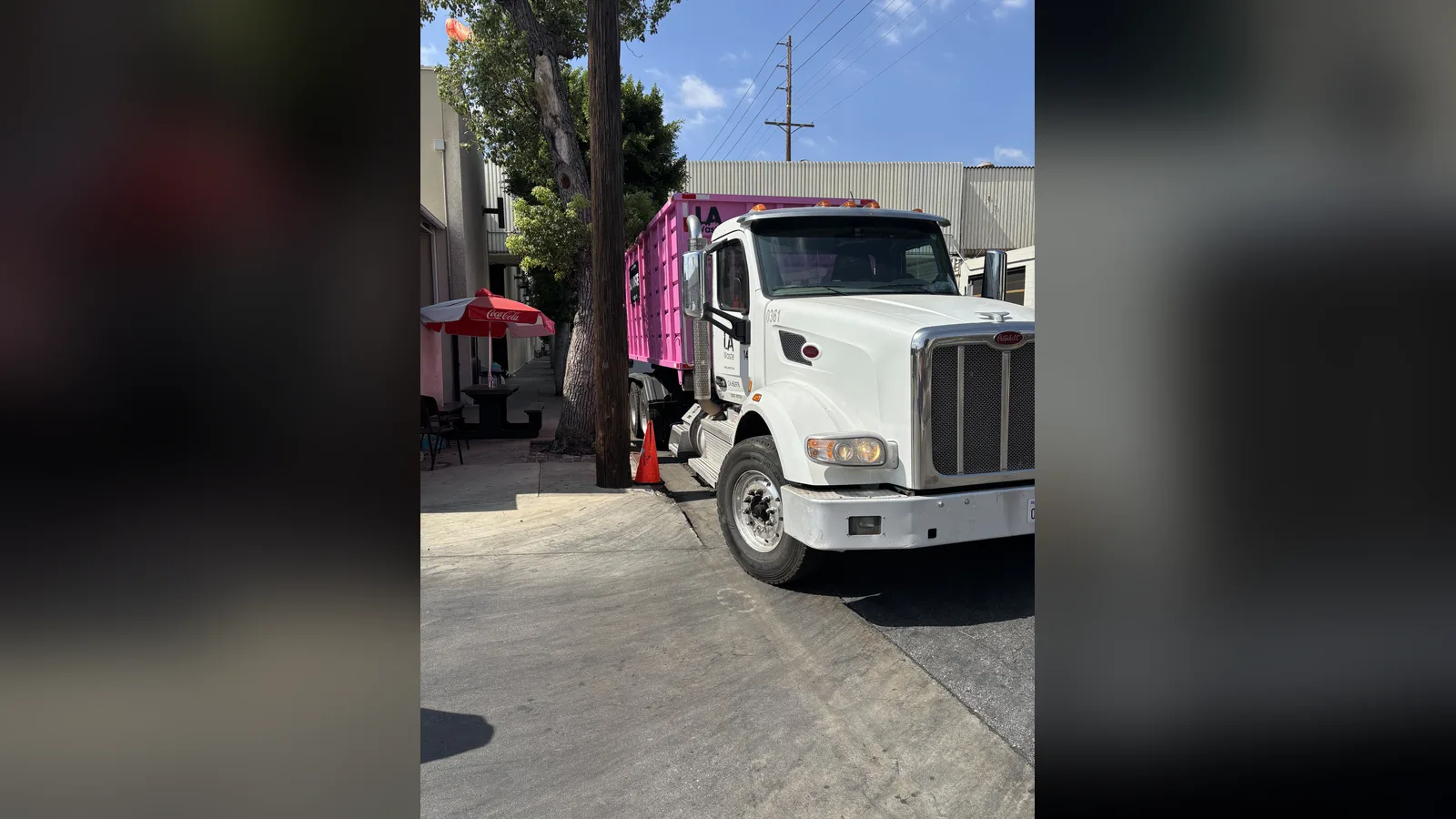 LA Waste roll-off truck hauling a pink dumpster